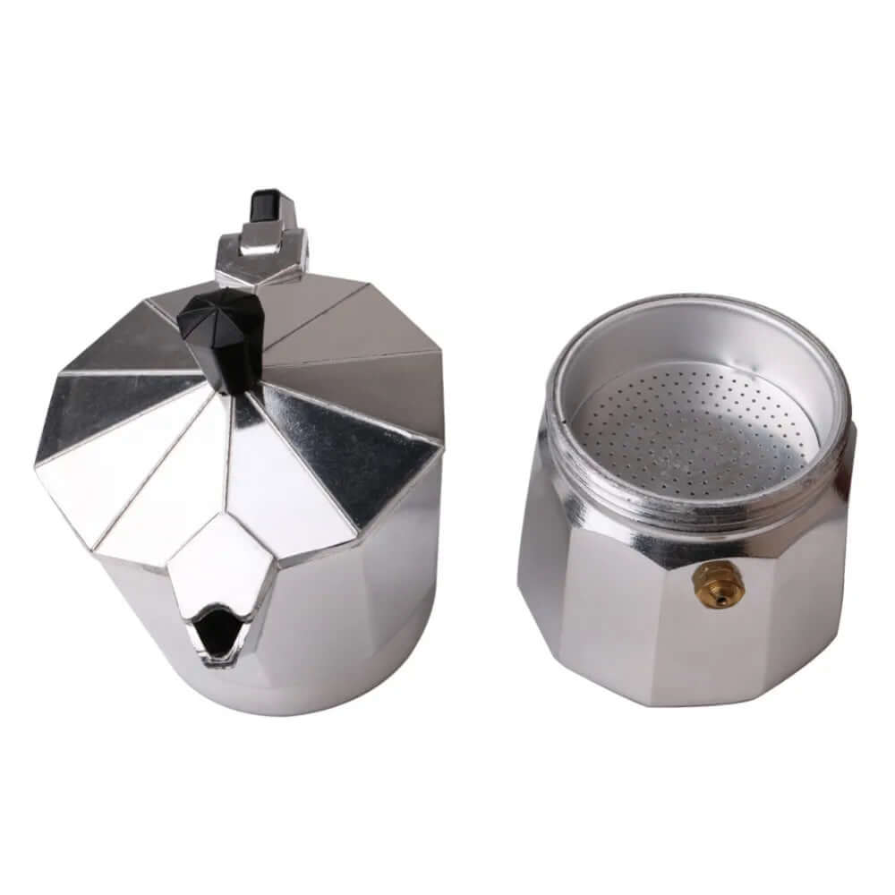 Stovetop moka pot coffee maker shown disassembled on a white background