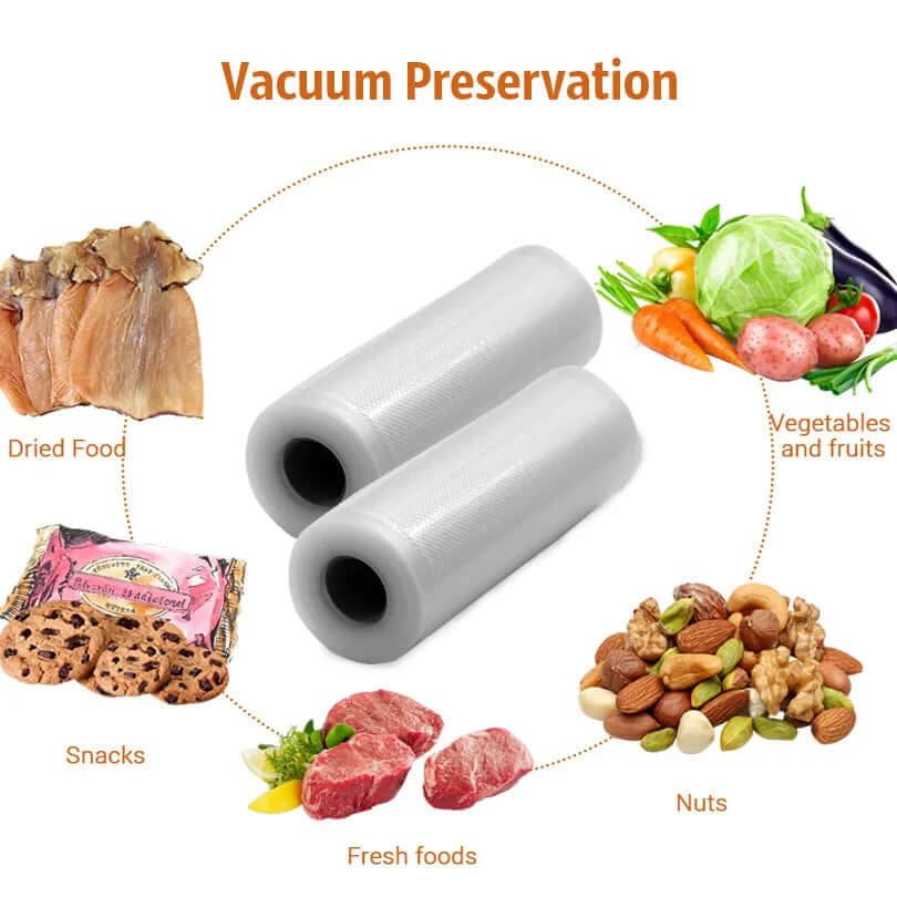 Vacuum sealer storage rolls surrounded by images of dried food, snacks, fresh foods, vegetables, fruits, and nuts.