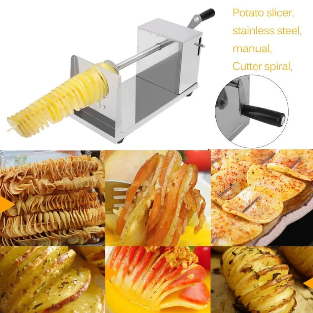 Manual stainless steel spiral potato slicer with various spiral-cut potato dishes