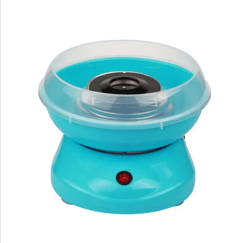 Blue electric cotton candy machine with a clear plastic bowl on a white background