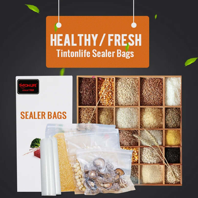 Vacuum sealer bags with grains, dried foods and food storage organizer for kitchen