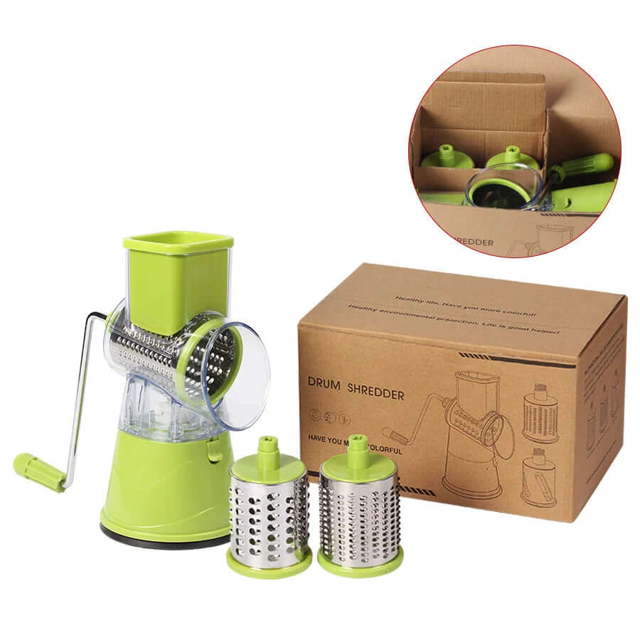 Manual rotary drum shredder with three grater attachments and product packaging