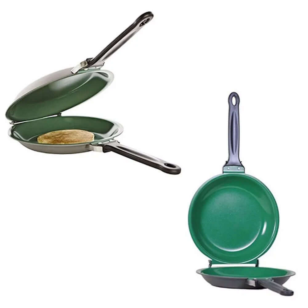 Double-sided green nonstick frying pan for pancakes and omelettes on white background
