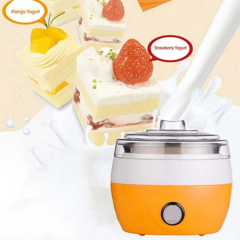 Orange electric yogurt maker with mango and strawberry yogurt desserts in background