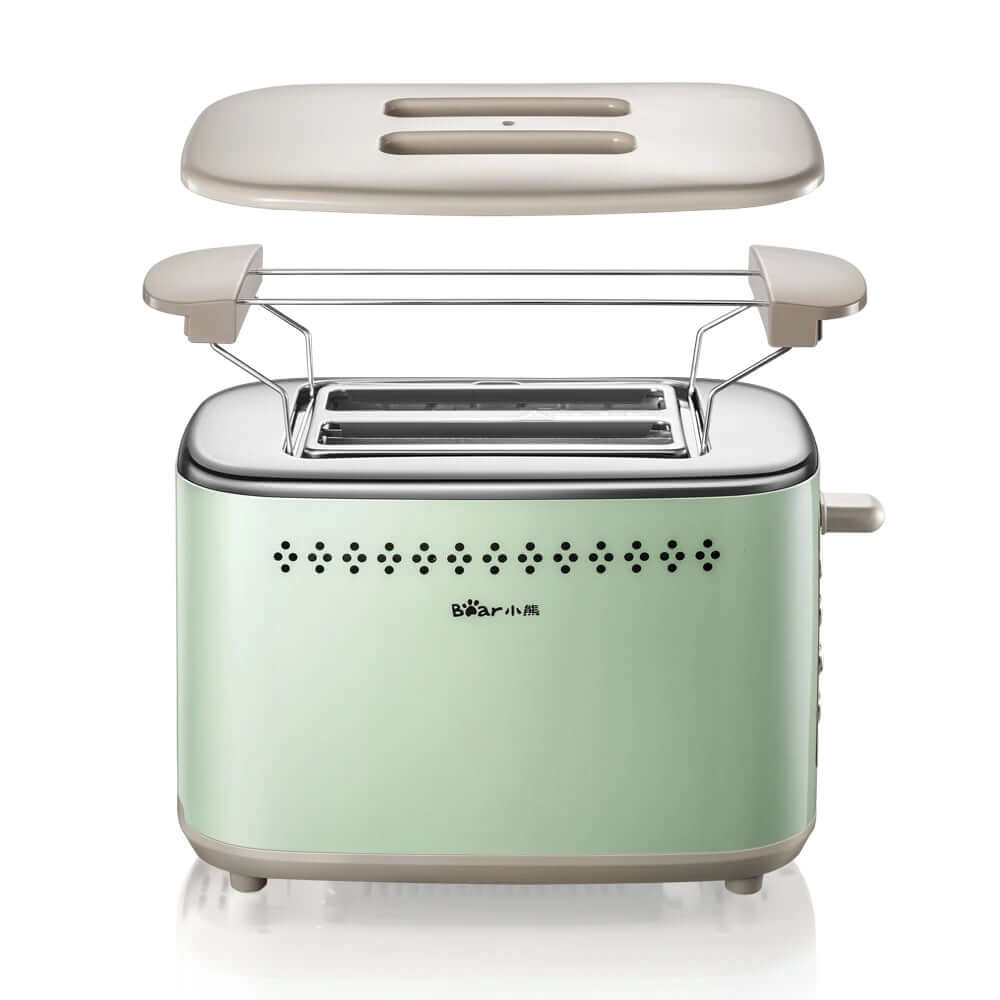Mint green two-slice toaster with warming rack and removable lid, kitchen appliance