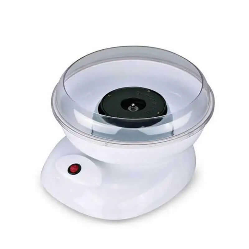 White countertop cotton candy machine with clear lid and power button