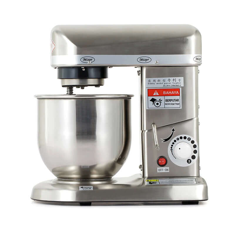 Stainless steel electric stand mixer with control dial and mixing bowl for kitchen use
