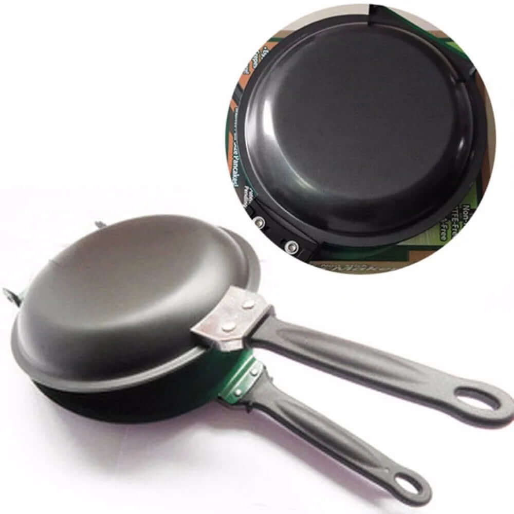 Double-sided nonstick frying pan with black handles, kitchen cookware accessory