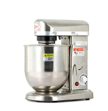 Stainless steel electric stand mixer with mixing bowl, commercial kitchen appliance