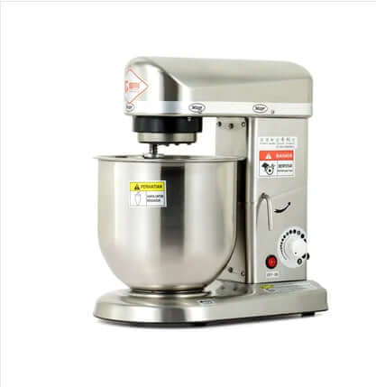Stainless steel stand mixer with large mixing bowl on white background