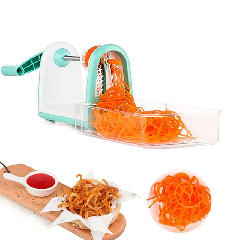 Manual vegetable spiralizer making carrot noodles with serving suggestions