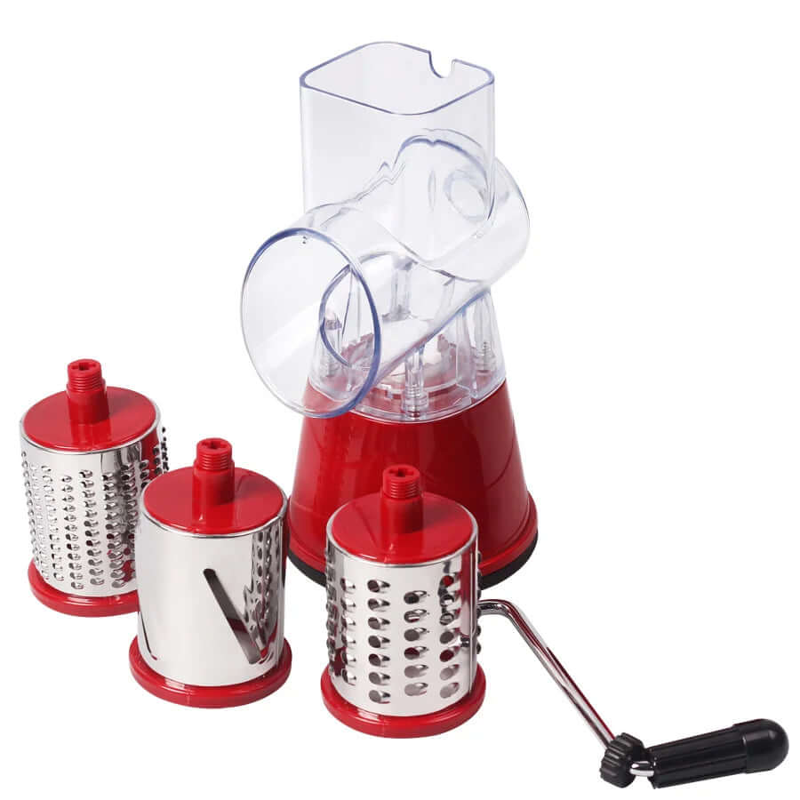 Manual rotary cheese grater with three interchangeable stainless steel drums, red base