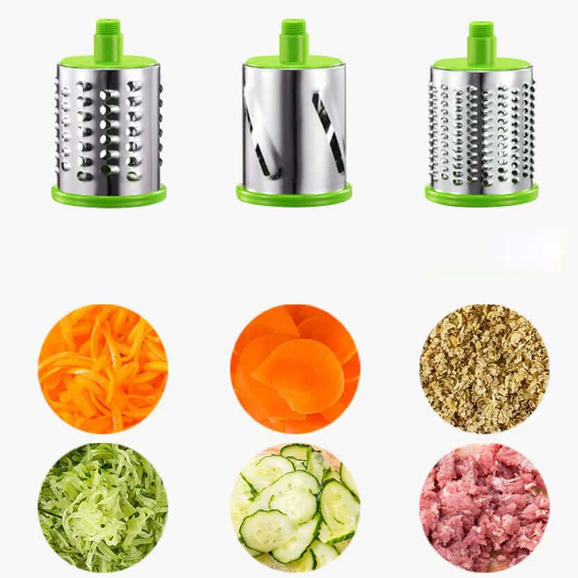 Three rotary grater blades with green tops and sliced vegetables and food underneath