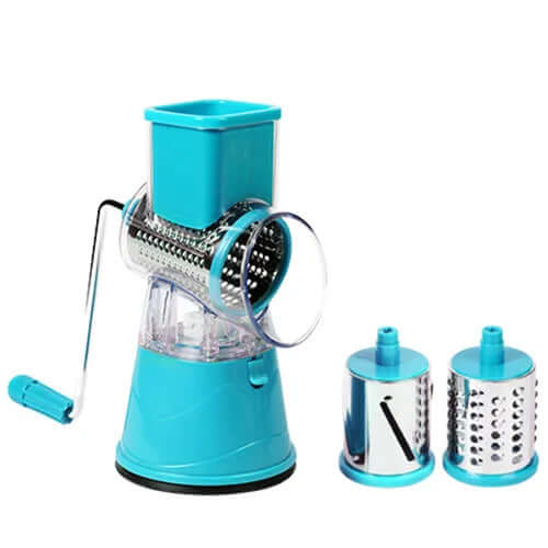 Manual rotary cheese grater with blue base and three stainless steel drum blades