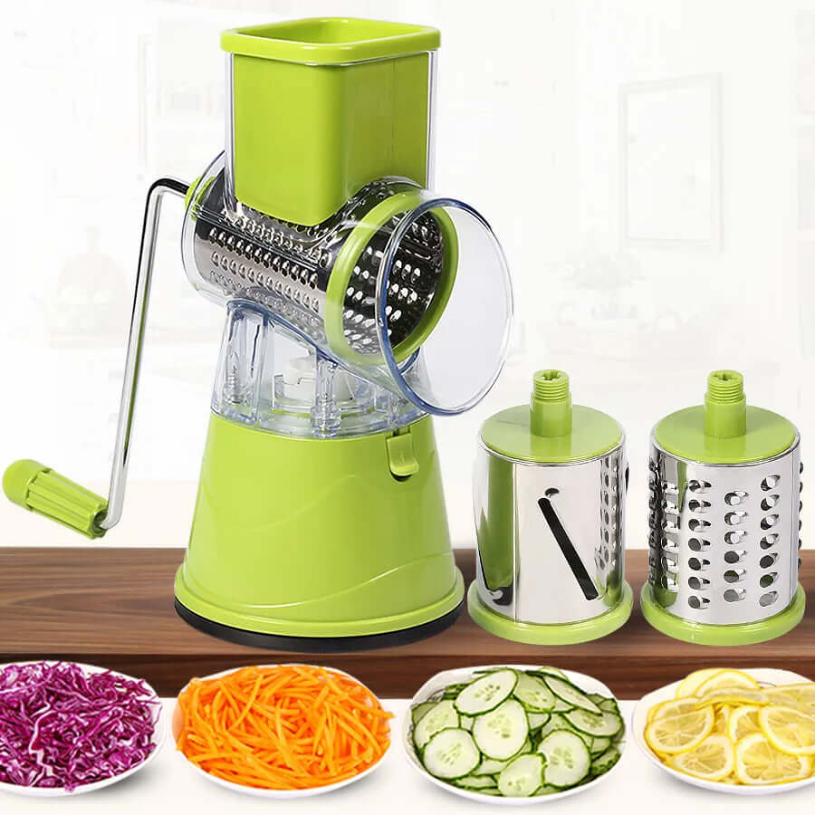 Green rotary vegetable grater with three stainless steel blades and sliced vegetables