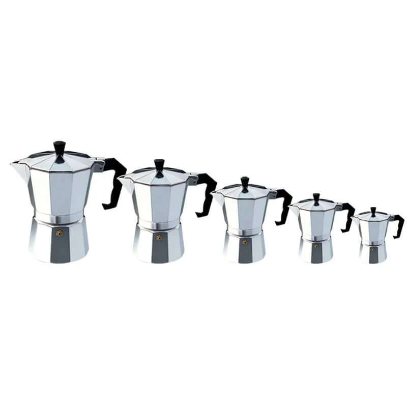 Set of five silver stovetop espresso makers with black handles in various sizes on white background