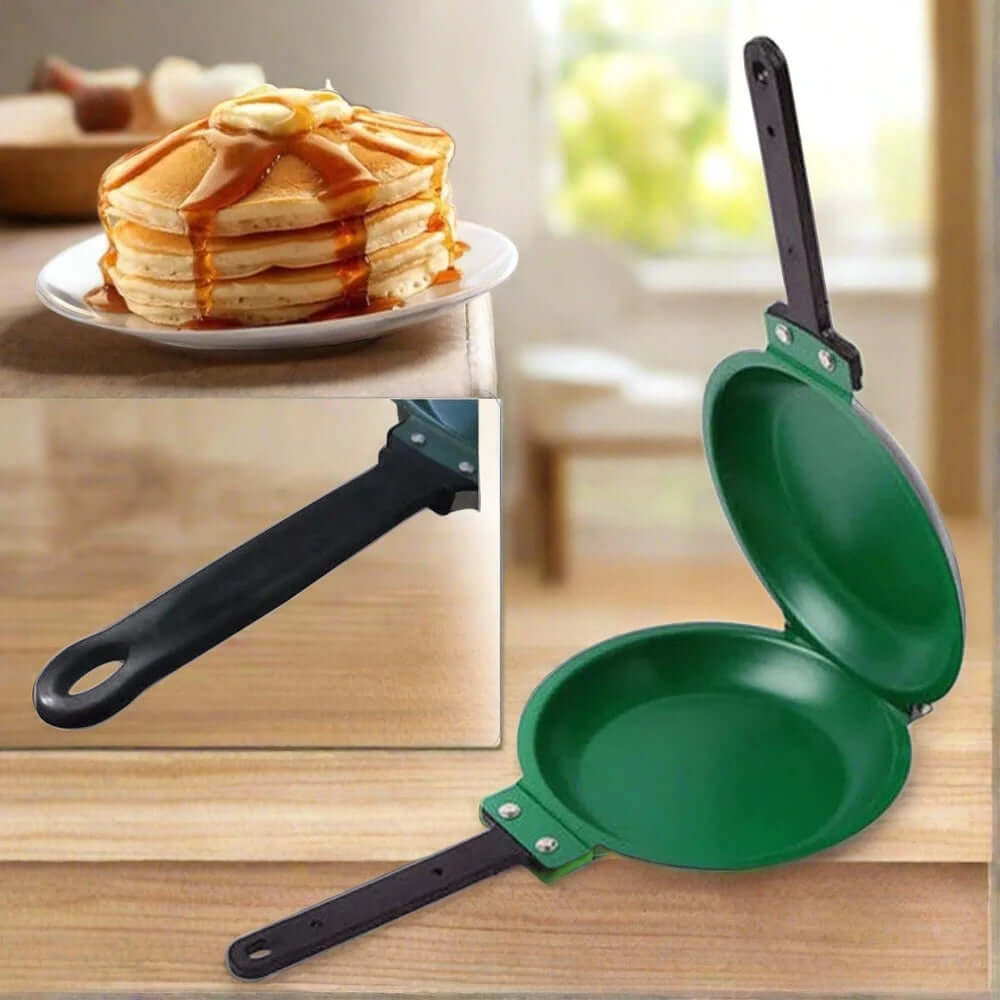 Nonstick double-sided pancake pan with green interior beside stack of syrup-covered pancakes