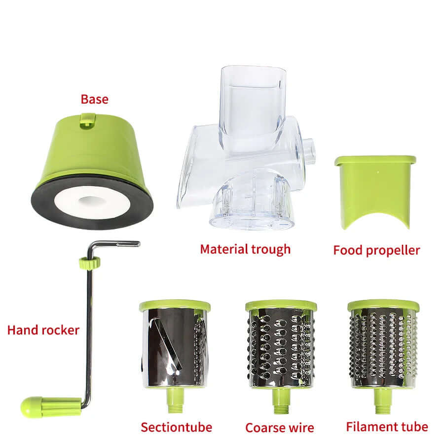 Manual rotary cheese grater parts set with shredding drums, hand crank, and food propeller