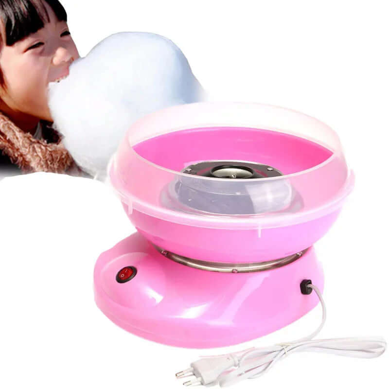 Pink cotton candy maker with power cord, next to person eating cotton candy