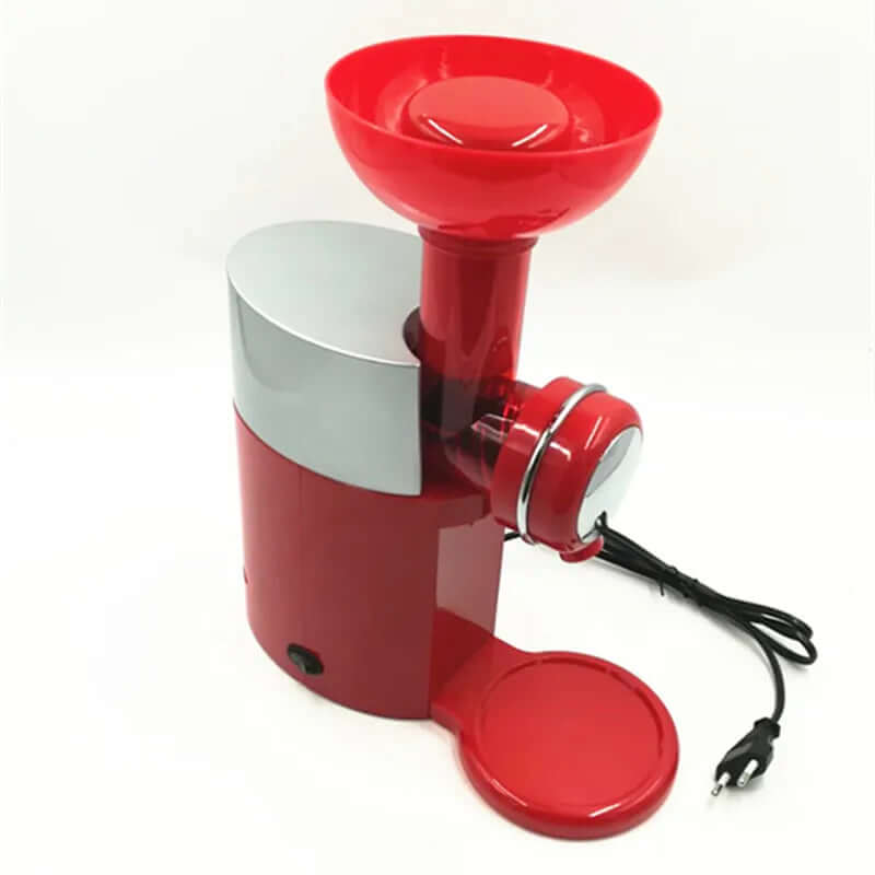 Red electric kitchen juicer appliance with power cord on white background