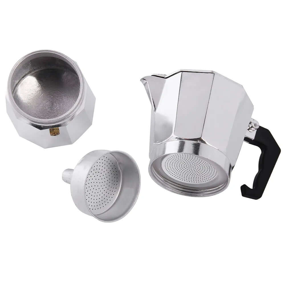 Three-part silver stovetop espresso maker with black handle, shown disassembled on white background