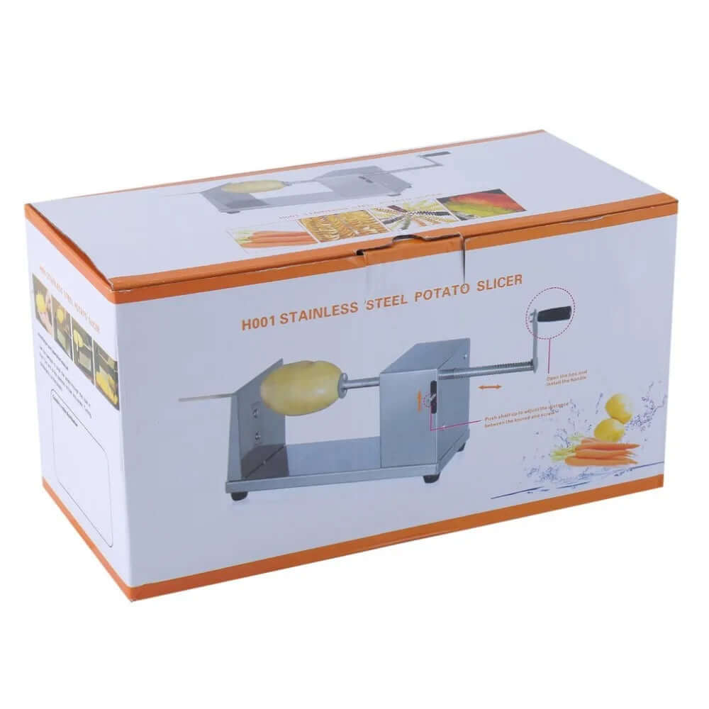 Box packaging for H001 stainless steel potato slicer kitchen tool, with product image and instructions.