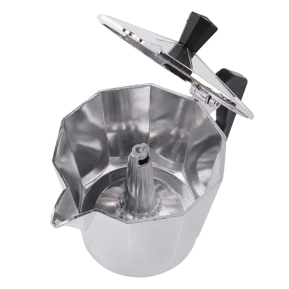 Aluminum stovetop espresso maker with open lid and black handle, kitchen coffee accessory