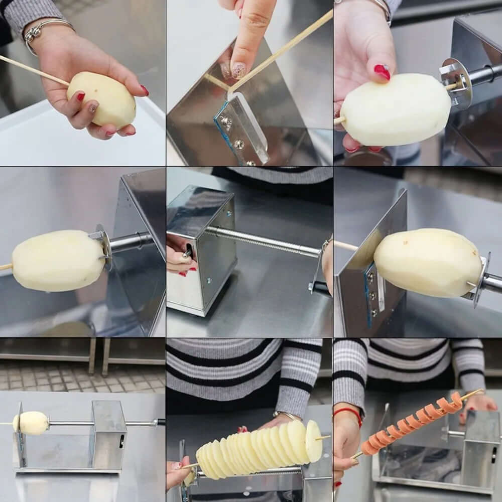 Step-by-step process using a stainless steel spiral potato slicer kitchen tool.