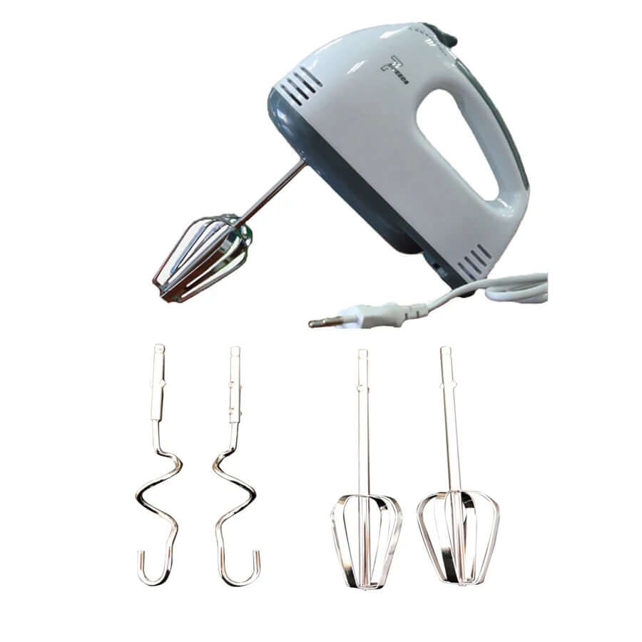 Electric hand mixer with two dough hooks and two beaters on white background