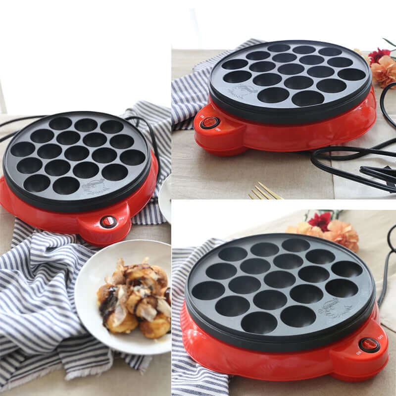 Red electric takoyaki maker with multiple round molds on a kitchen table.