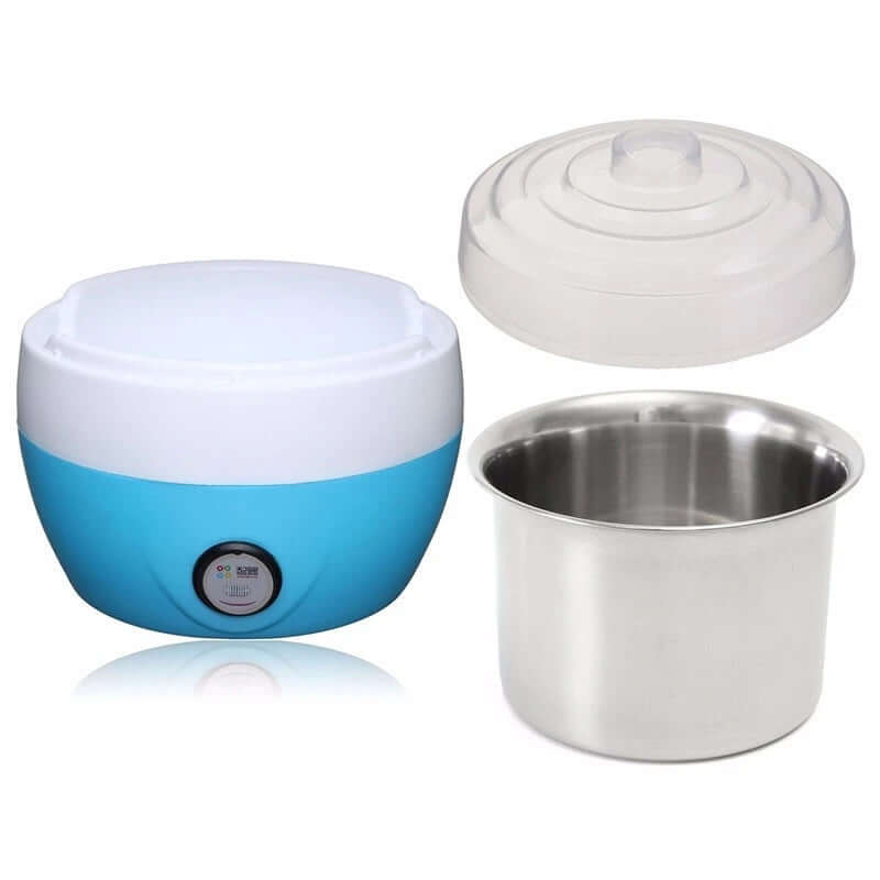 Electric yogurt maker with blue base, transparent lid, and stainless steel inner container