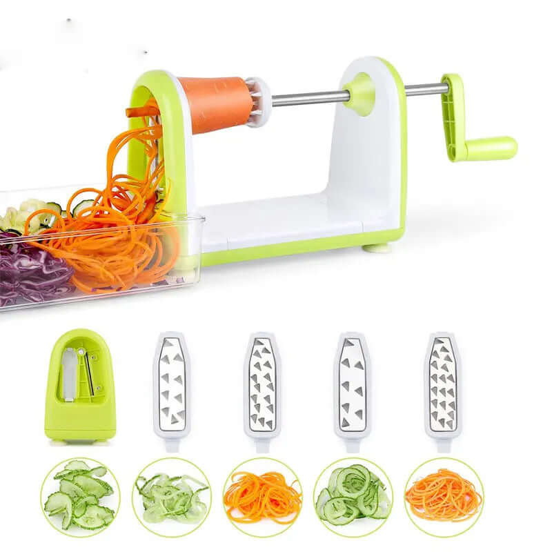 Vegetable spiralizer kitchen tool with interchangeable blades and spiral cut vegetables