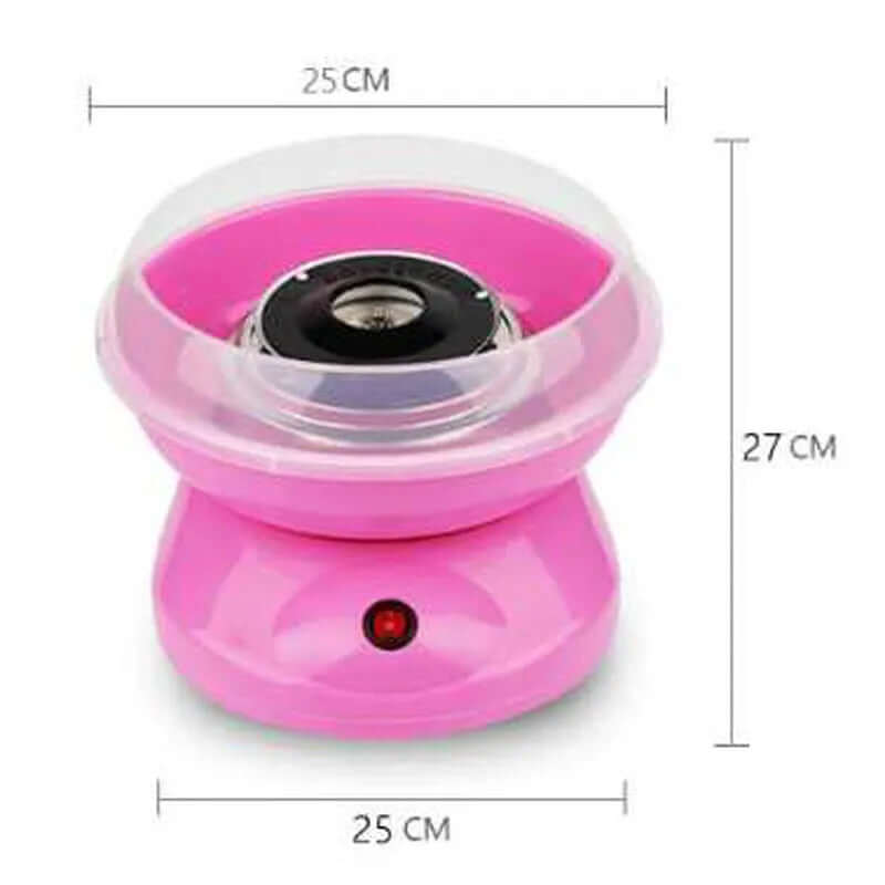 Pink cotton candy machine with clear rim, power button, and size measurements shown