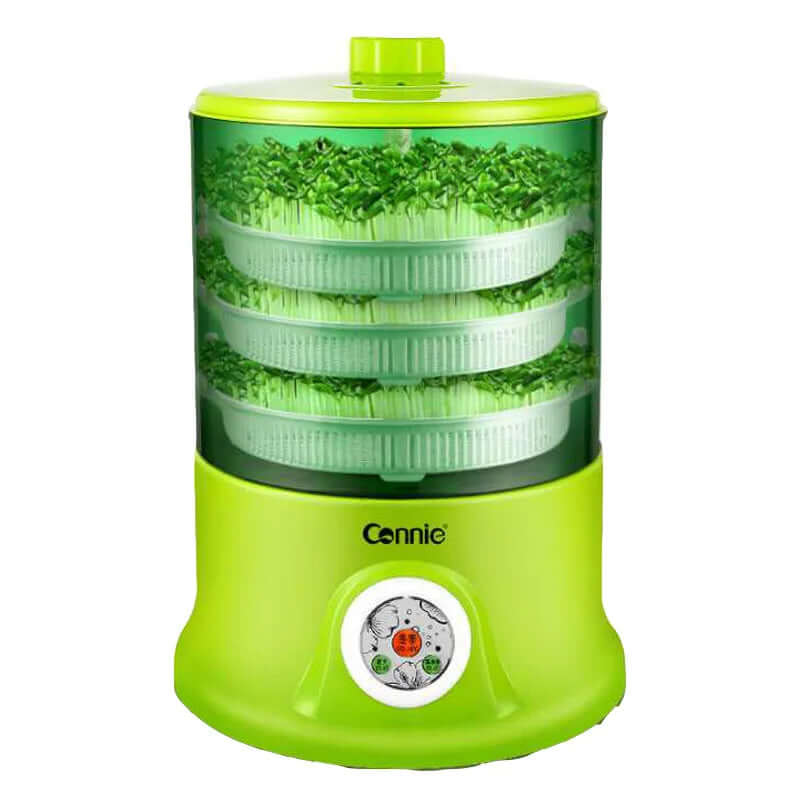 Green electric sprouting machine with stacked trays growing fresh microgreens