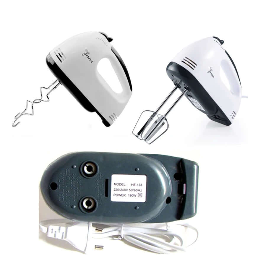 Electric hand mixer with attachments and power cord, countertop kitchen appliance.