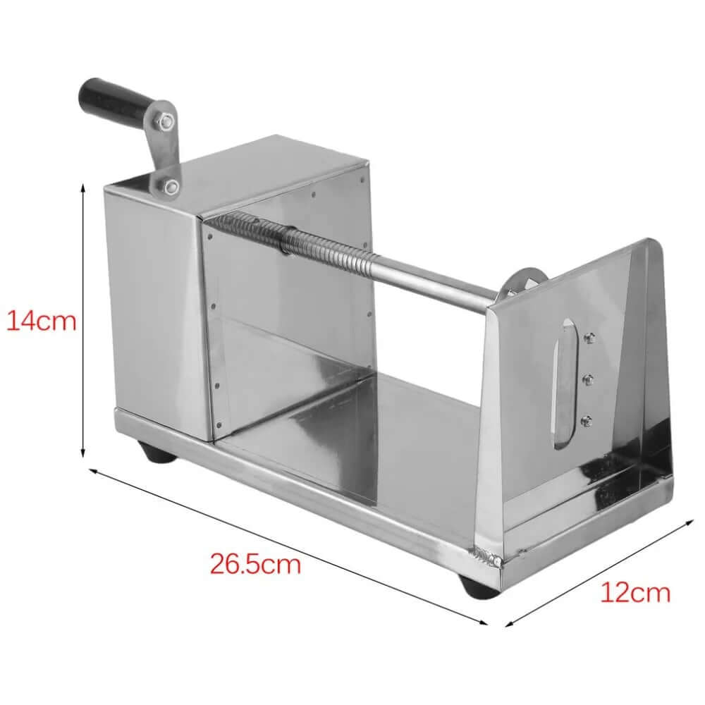Stainless steel manual potato slicer with handle, shown with dimensions 26.5x14x12 cm.