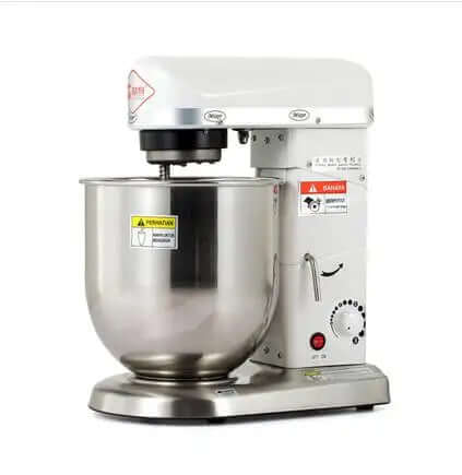 Stainless steel electric stand mixer with large mixing bowl on white background, kitchen appliance