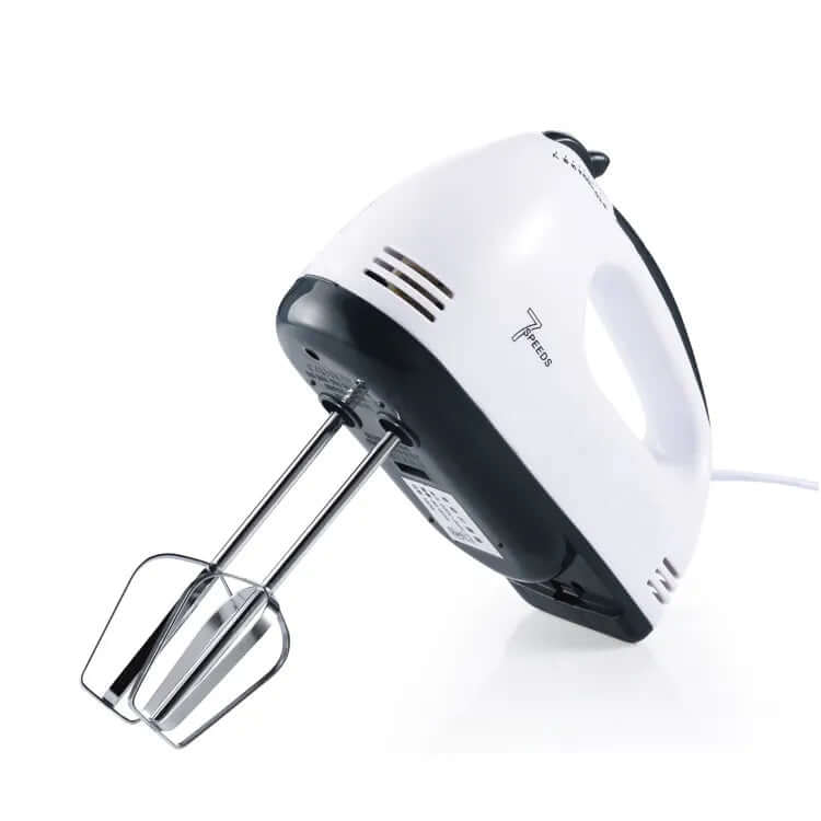 Electric hand mixer with stainless steel beaters on white background