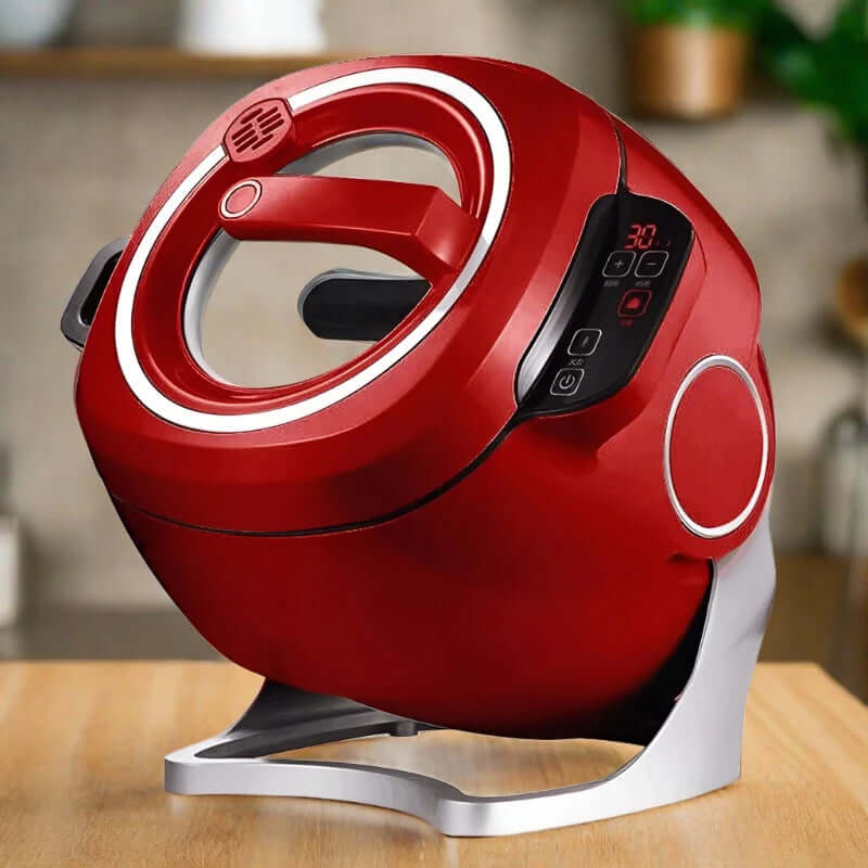 Red multifunctional electric cooker with digital display on kitchen countertop