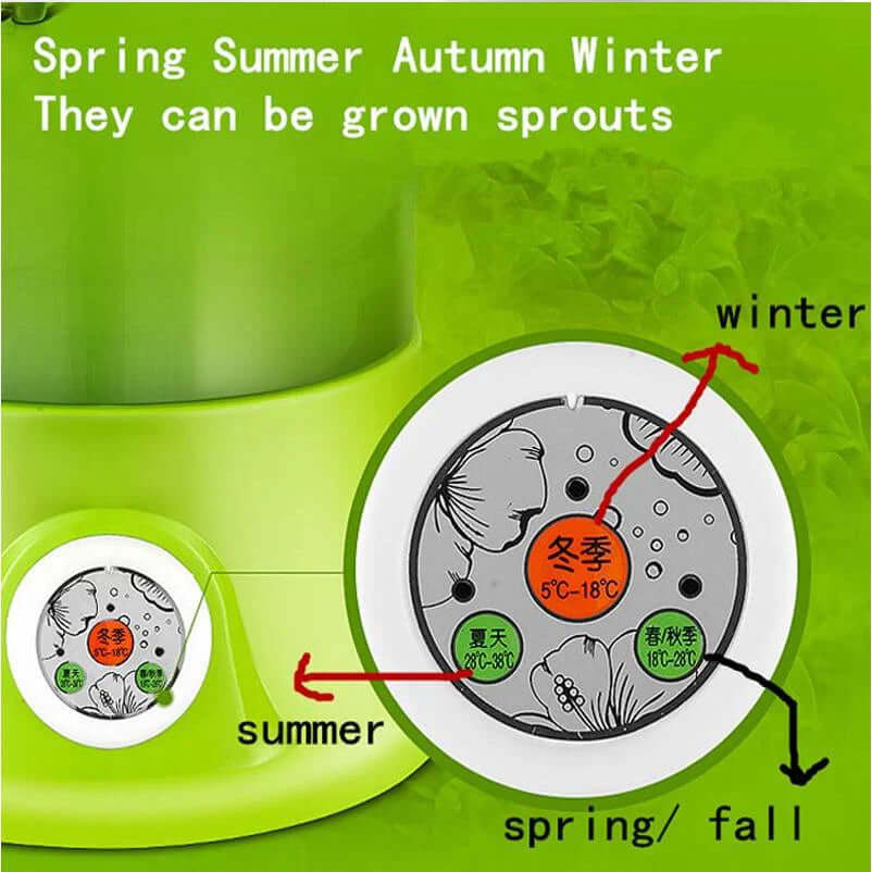 Green kitchen sprouting machine with season control dial for growing sprouts year-round