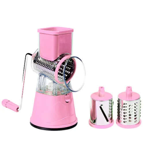 Pink manual rotary cheese grater with three interchangeable stainless steel blades