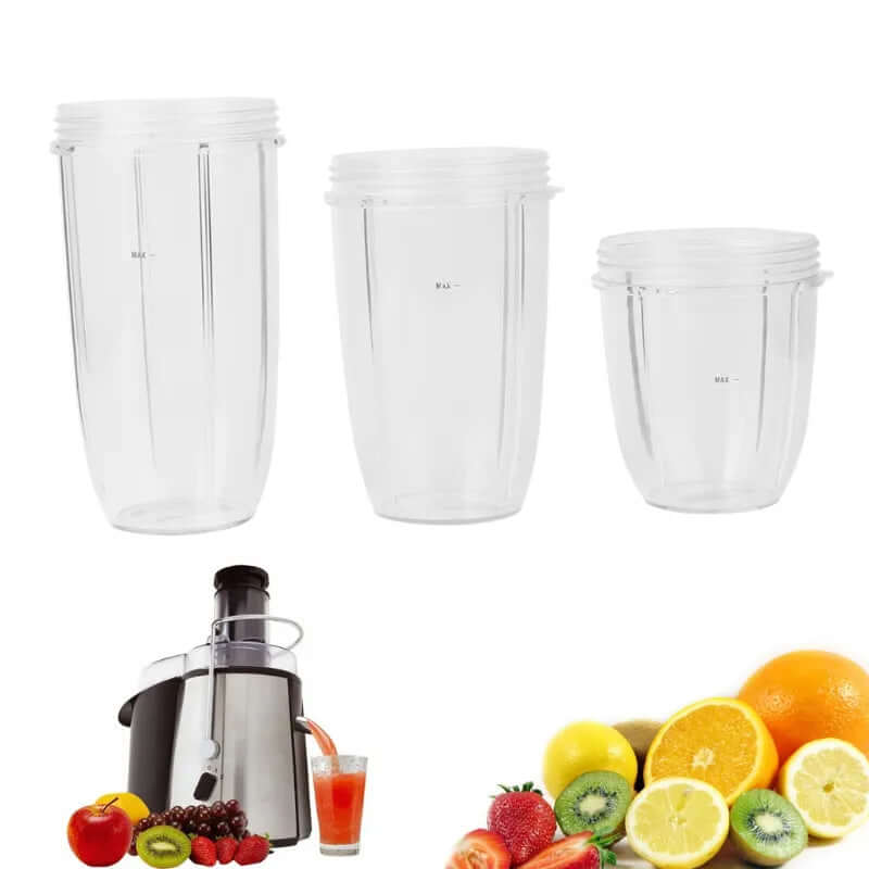 Set of three clear blender cups with juicer machine and assorted fresh fruits