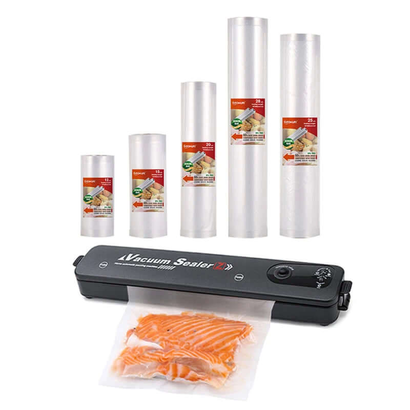 Vacuum sealer machine with salmon in bag and assorted vacuum sealer rolls for food storage