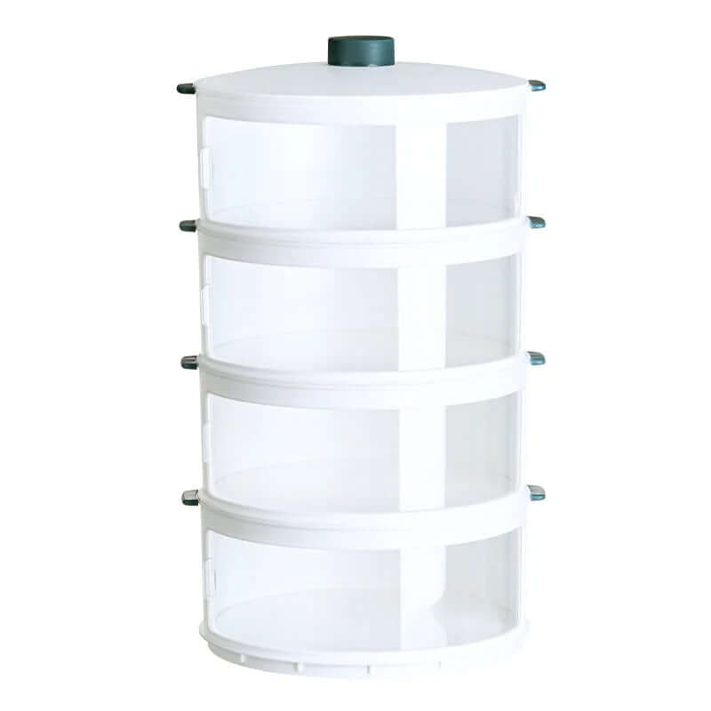 Stackable white mesh food storage container with four layers and a green handle lid