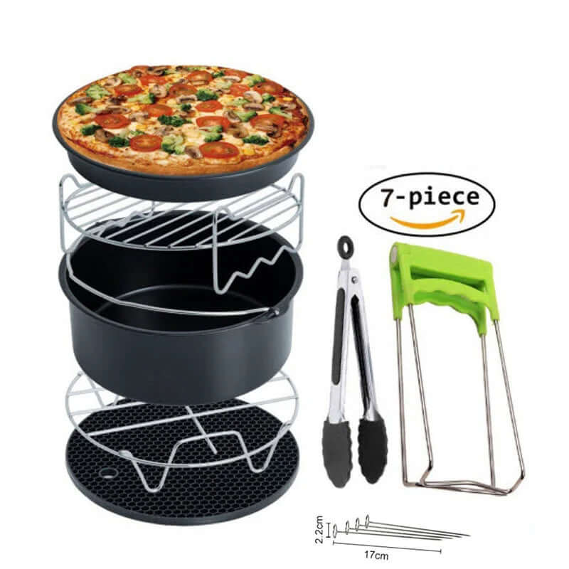 7-piece air fryer accessory kit with pizza pan, cake barrel, racks, tongs, and lifter.