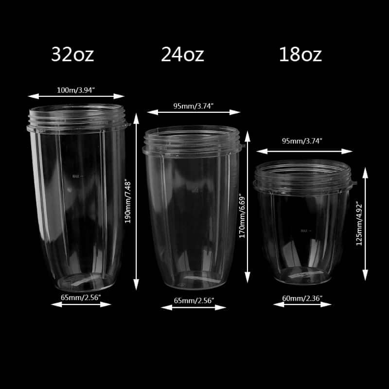 Three clear blender cups in 32oz, 24oz, and 18oz sizes with measurement markings