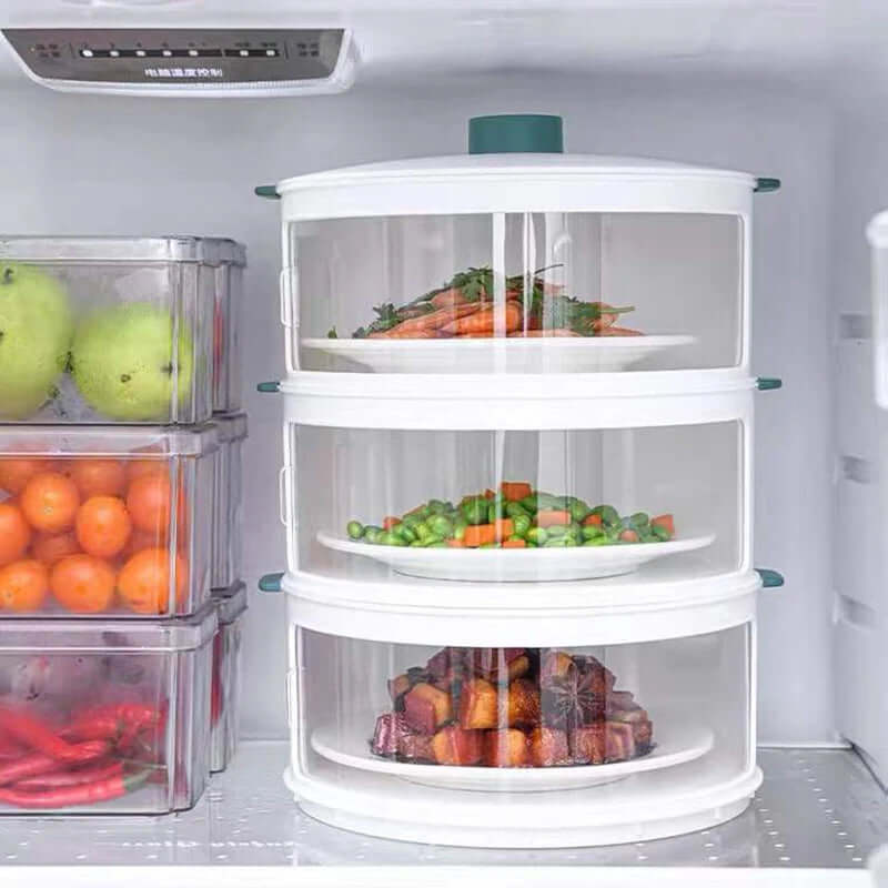Stackable refrigerator food storage organizers with clear lids storing fresh vegetables and fruits