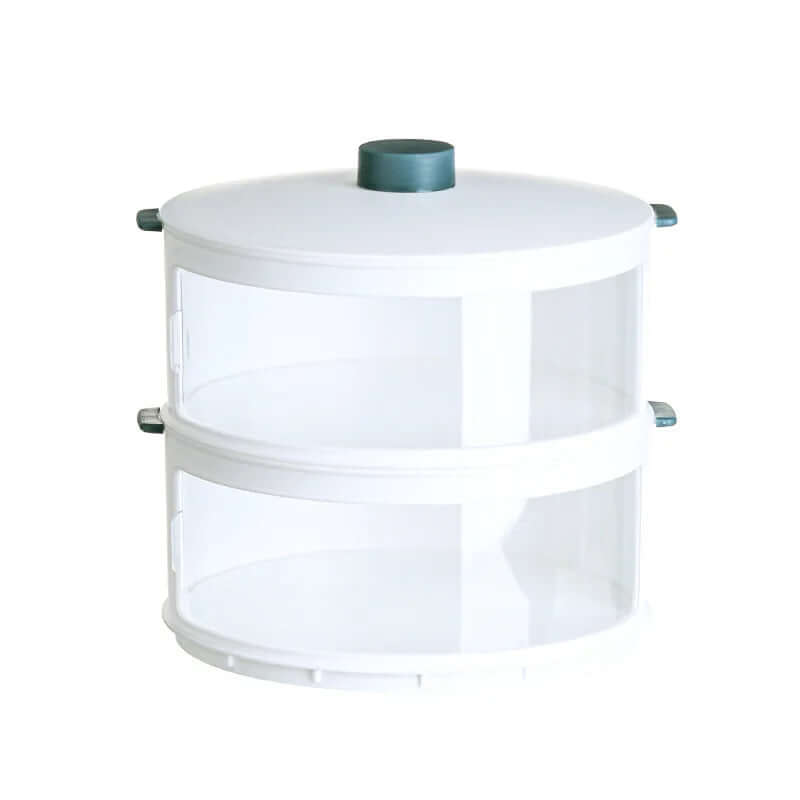 Two-tier white plastic kitchen storage container with clear panels and rotating lid
