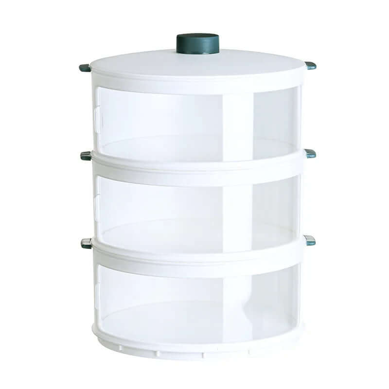 Three-tier white plastic kitchen storage container with clear compartments and lid