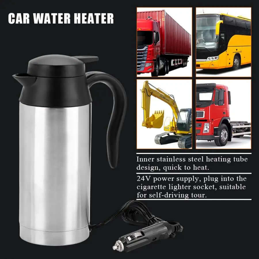 24V stainless steel car water heater kettle with plug, suitable for truck and travel use